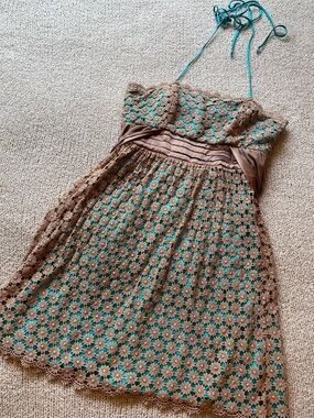 Marisa K Brown Crochet Halter Dress with Teal Underlay EUC - size small